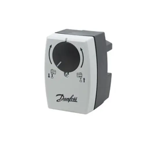 Danfoss Stellantrieb mit Drehknopf und Symbolen zur Steuerung, montierbar auf einer Oberfläche, in einem kompakten Gehäuse.